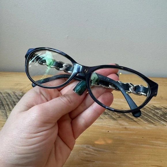 Rare Chanel 3223-Q Navy Blue Leather Chain Link Oval Eyeglasses Frames Italy - Picture 10 of 12